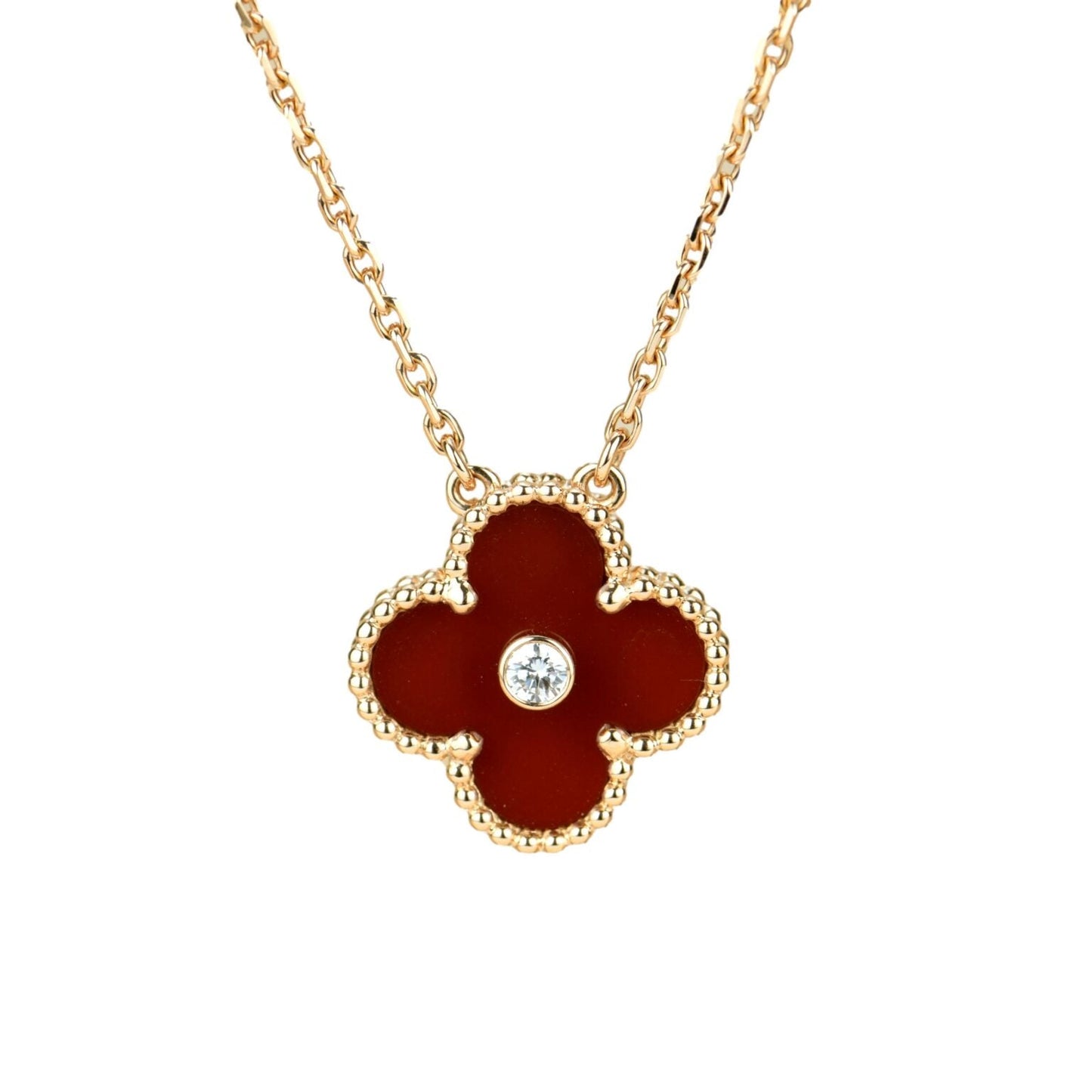 [Panda Jewelry]CLOVER 15MM DIAMOND CARNELIAN NECKLACE