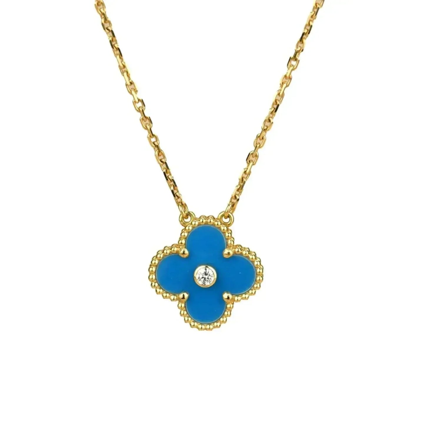 [Panda Jewelry]CLOVER 15MM DIAMOND AND BLUE AGATE NECKLACE