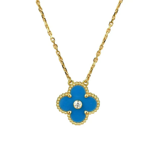 [Panda Jewelry]CLOVER 15MM DIAMOND AND BLUE AGATE NECKLACE