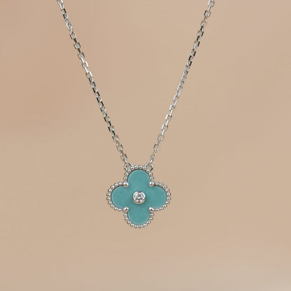 [Panda Jewelry]CLOVER 15MM DIAMOND SVRES PORCELAIN  NECKLACE SILVER