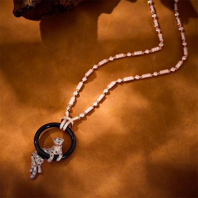 [Panda Jewelry jewelrys]NEW BLACK CIRCLE PANTHER FULL DIAMOND NECKLACE