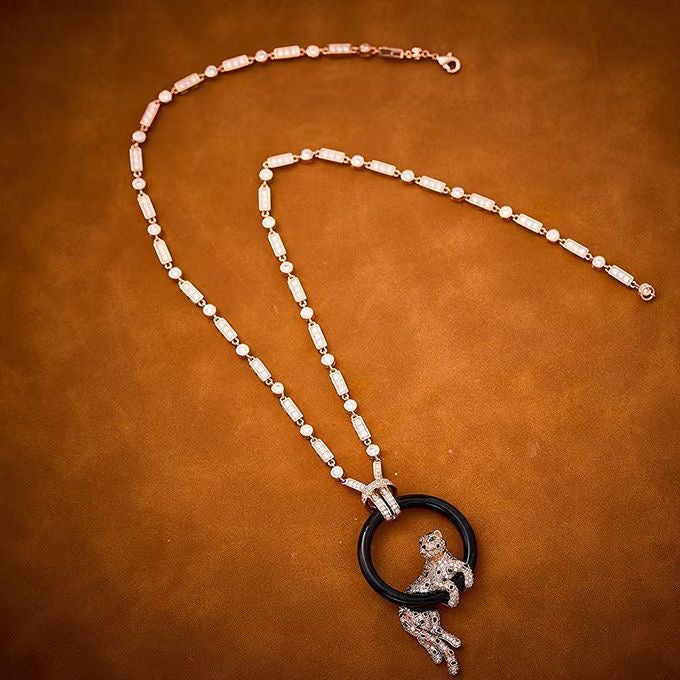 [Panda Jewelry jewelrys]NEW BLACK CIRCLE PANTHER FULL DIAMOND NECKLACE