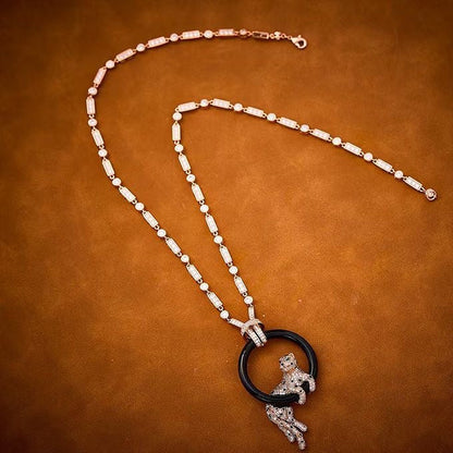 [Panda Jewelry jewelrys]NEW BLACK CIRCLE PANTHER FULL DIAMOND NECKLACE