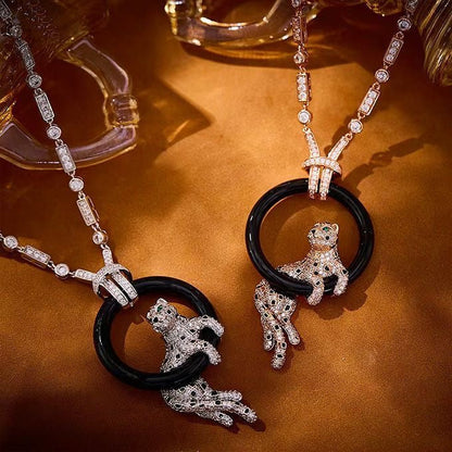 [Panda Jewelry jewelrys]NEW BLACK CIRCLE PANTHER FULL DIAMOND NECKLACE