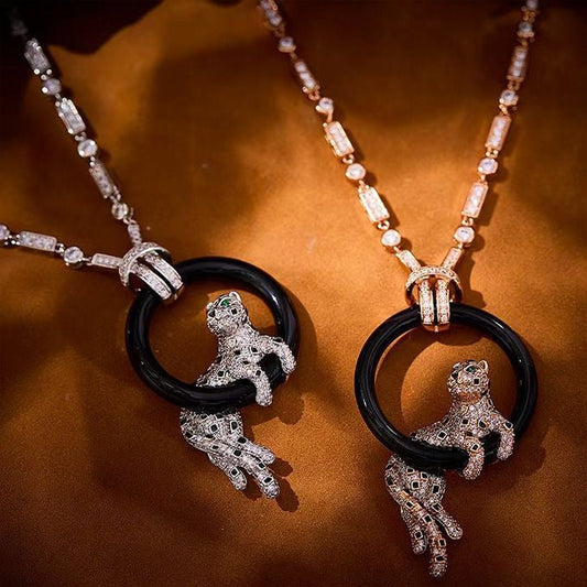 [Panda Jewelry jewelrys]NEW BLACK CIRCLE PANTHER FULL DIAMOND NECKLACE