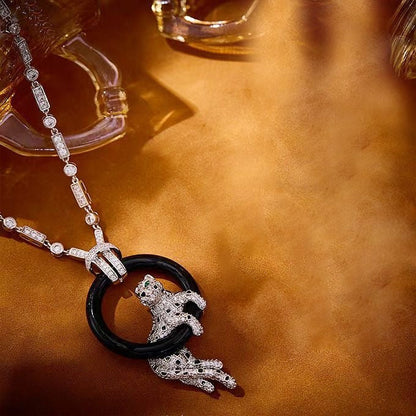 [Panda Jewelry jewelrys]NEW BLACK CIRCLE PANTHER FULL DIAMOND NECKLACE
