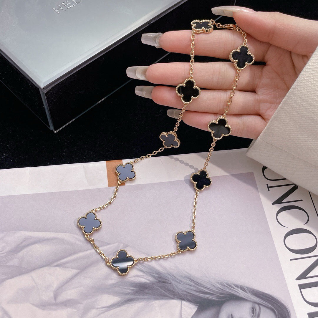 [Panda Jewelry]CLOVER 10 MOTIFS ONYX NECKLACE