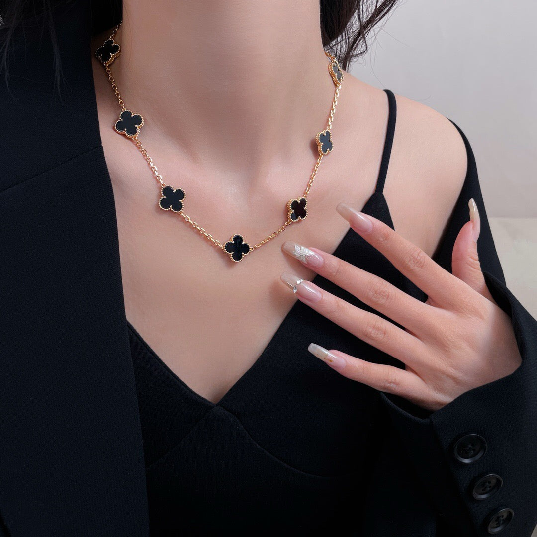 [Panda Jewelry]CLOVER 10 MOTIFS ONYX NECKLACE