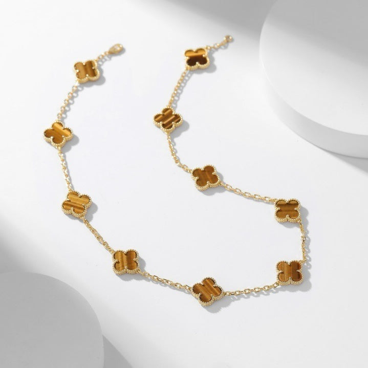 [Panda Jewelry]CLOVER 10 MOTIFS TIGER EYE NECKLACE