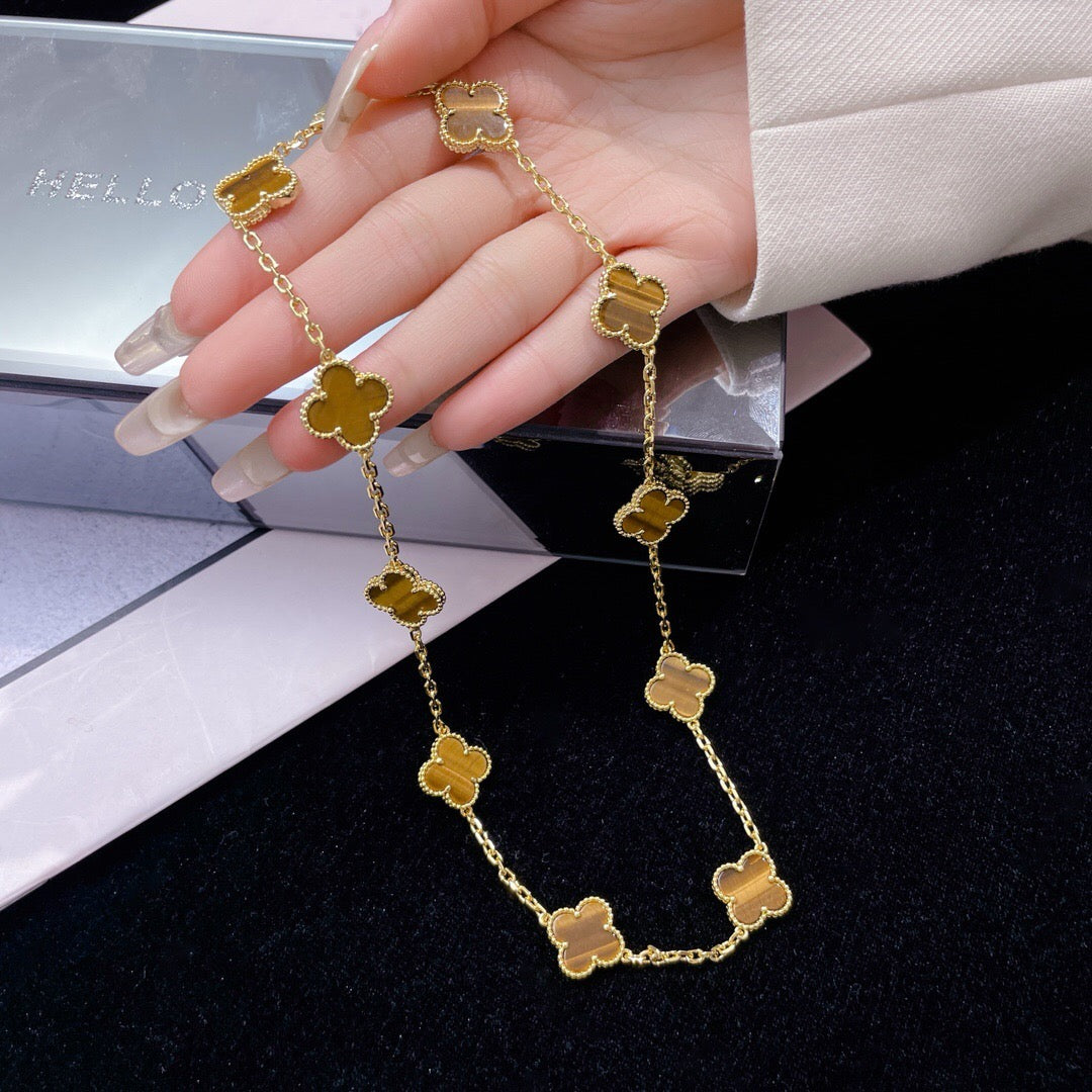 [Panda Jewelry]CLOVER 10 MOTIFS TIGER EYE NECKLACE