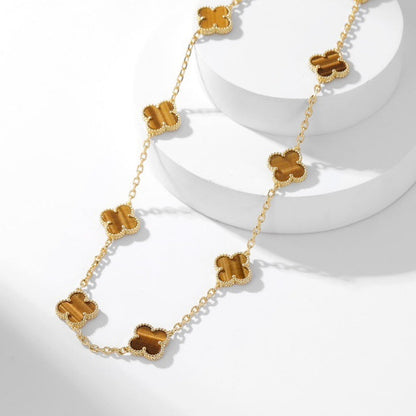 [Panda Jewelry]CLOVER 10 MOTIFS TIGER EYE NECKLACE