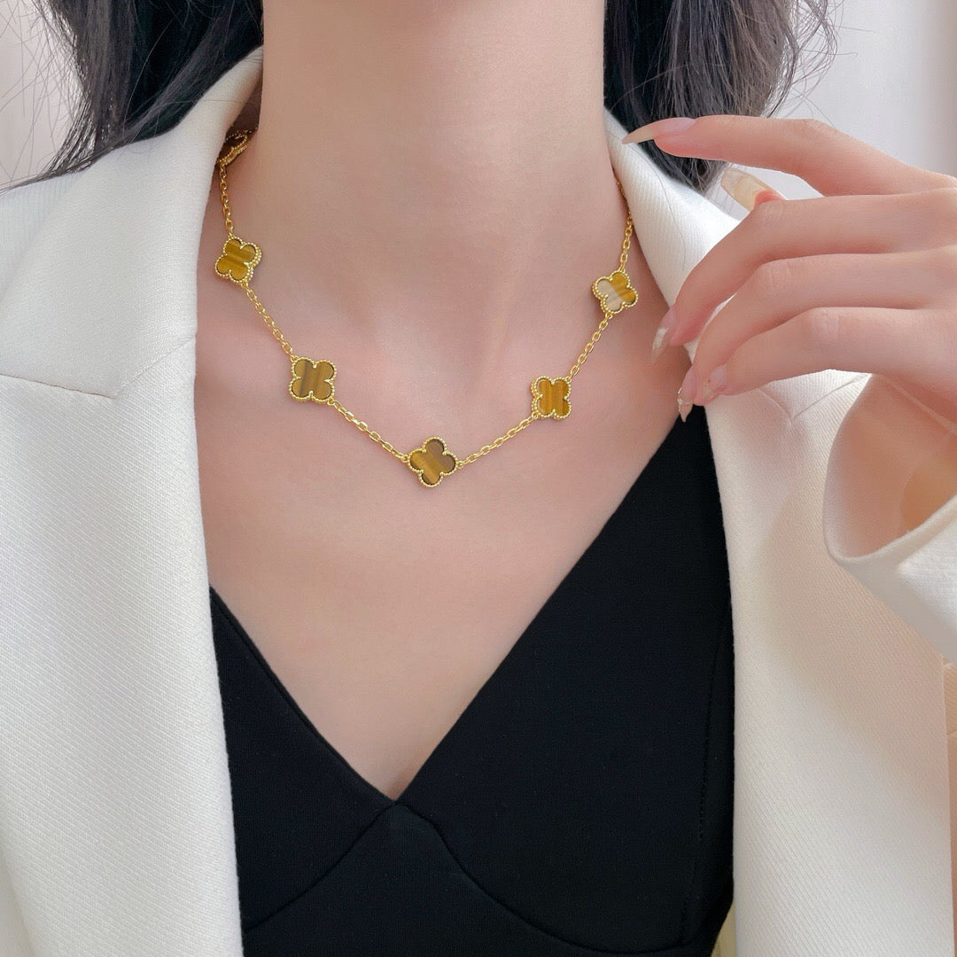 [Panda Jewelry]CLOVER 10 MOTIFS TIGER EYE NECKLACE