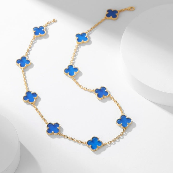 [Panda Jewelry]CLOVER 10 MOTIFS BLUE AGATE NECKLACE