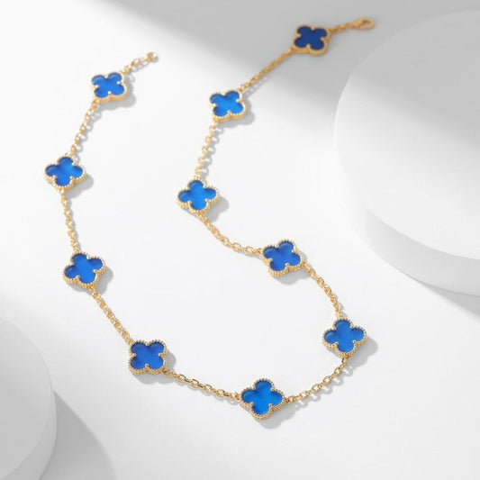 [Panda Jewelry]CLOVER 10 MOTIFS BLUE AGATE NECKLACE