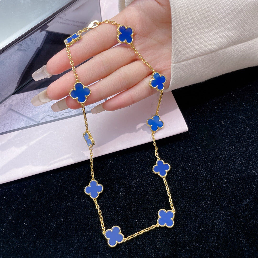 [Panda Jewelry]CLOVER 10 MOTIFS BLUE AGATE NECKLACE