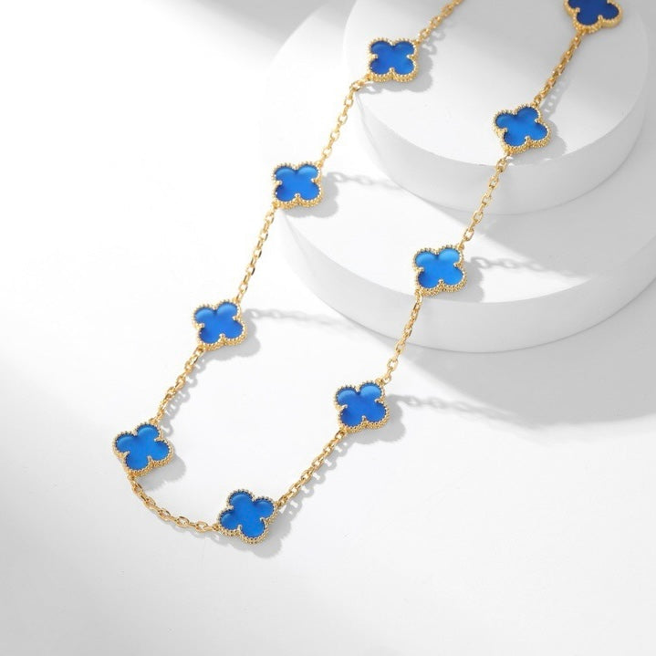 [Panda Jewelry]CLOVER 10 MOTIFS BLUE AGATE NECKLACE