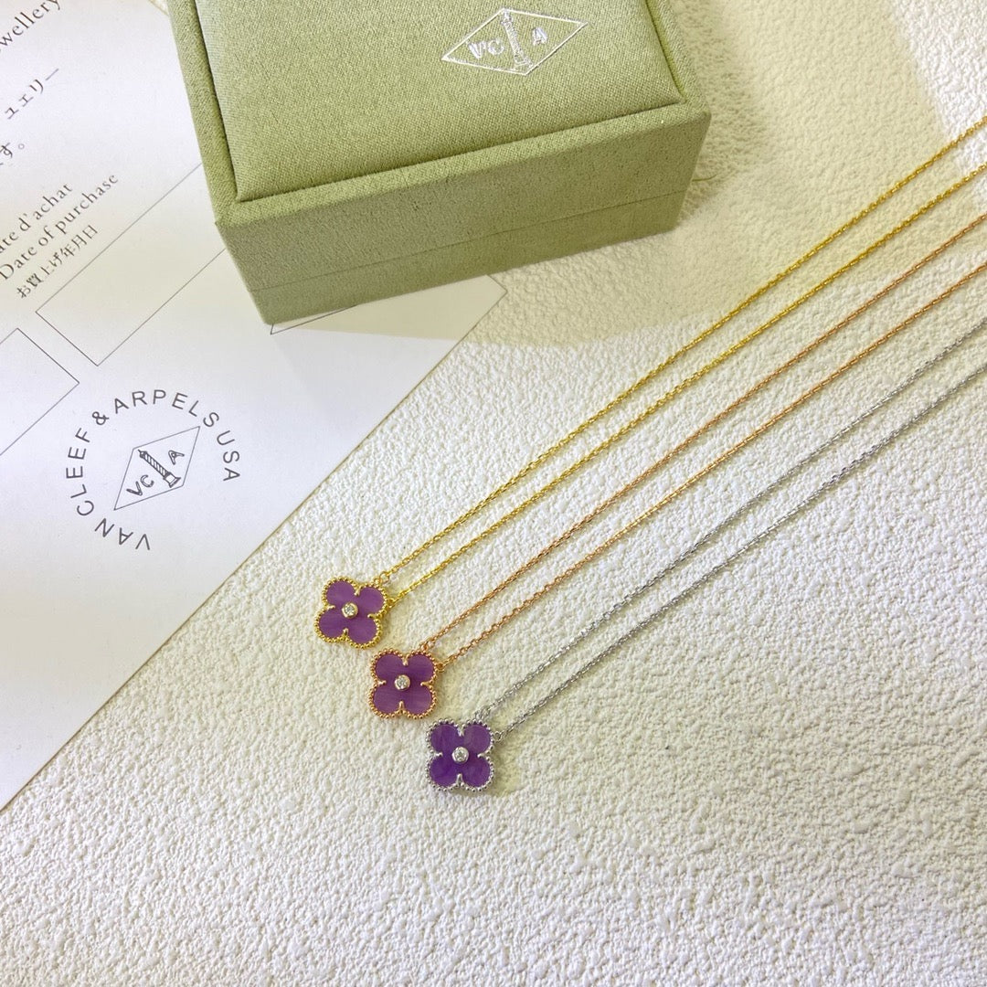 [Panda Jewelry Jewelry]CLOVER 15MM DIAMOND  PURPLE VIOLET NECKLACE