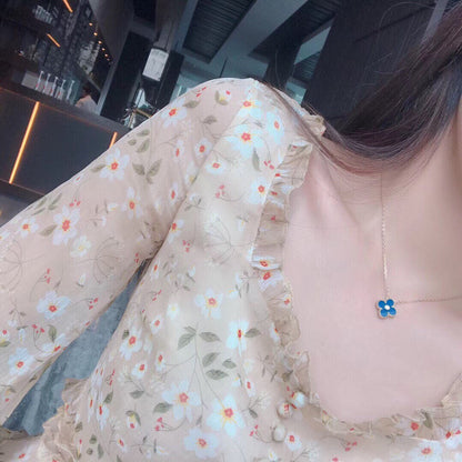 [Panda Jewelry]CLOVER 15MM DIAMOND AND BLUE AGATE NECKLACE