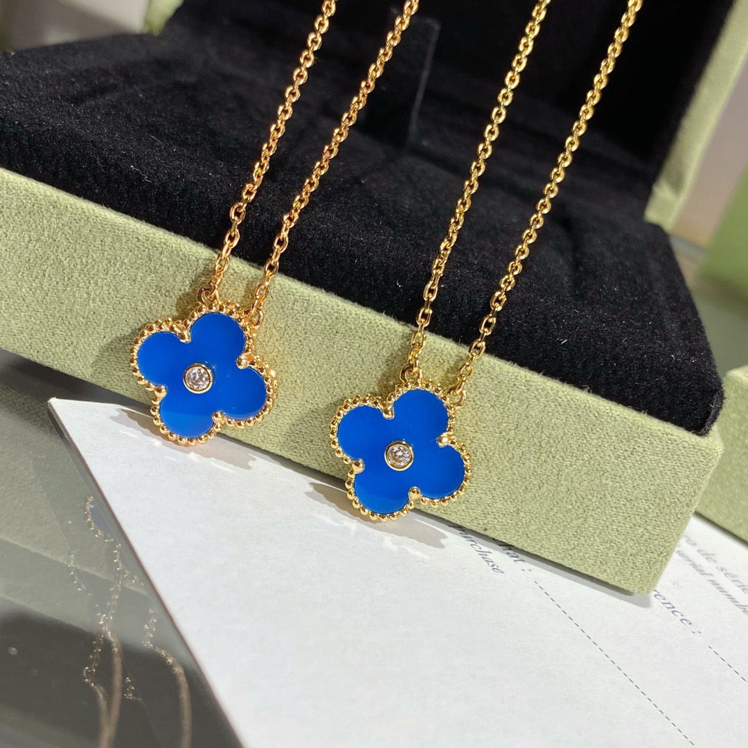 [Panda Jewelry]CLOVER 15MM DIAMOND AND BLUE AGATE NECKLACE