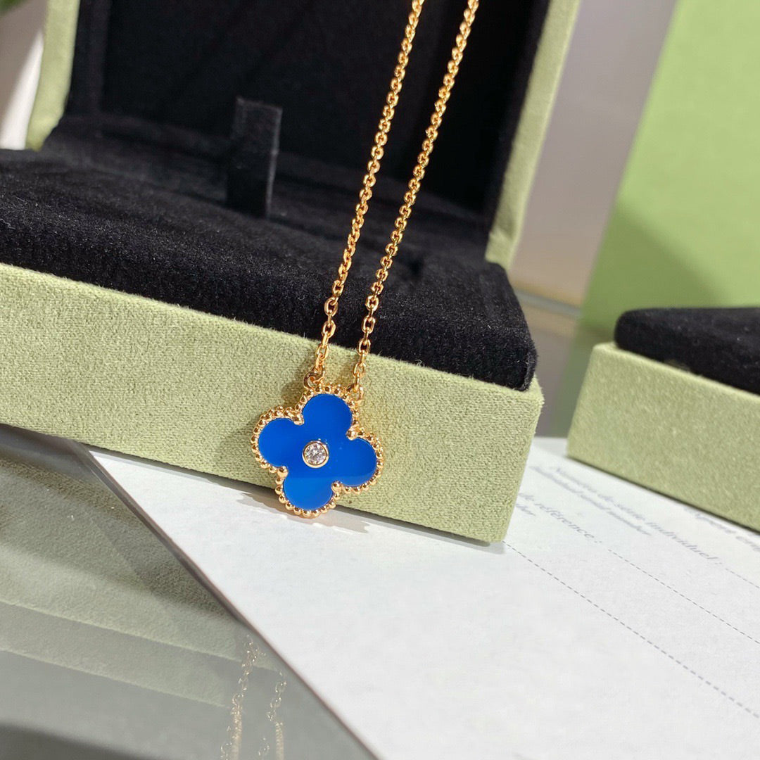 [Panda Jewelry]CLOVER 15MM DIAMOND AND BLUE AGATE NECKLACE