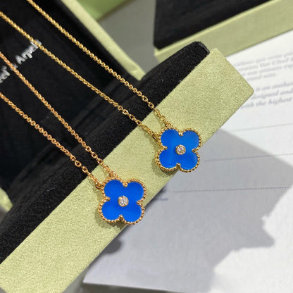 [Panda Jewelry]CLOVER 15MM DIAMOND AND BLUE AGATE NECKLACE