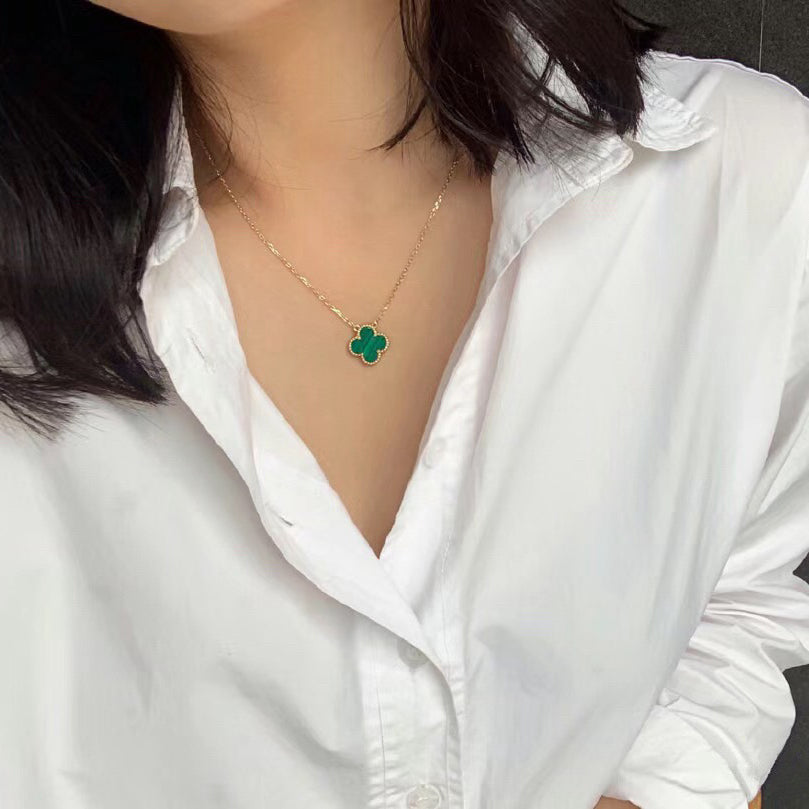 [Panda Jewelry]CLOVER 15MM MALACHITE SINGLE FLOWER  NECKLACE