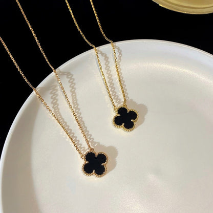 [Panda Jewelry]CLOVER 15MM BLACK ONYX SINGLE FLOWER NECKLACE