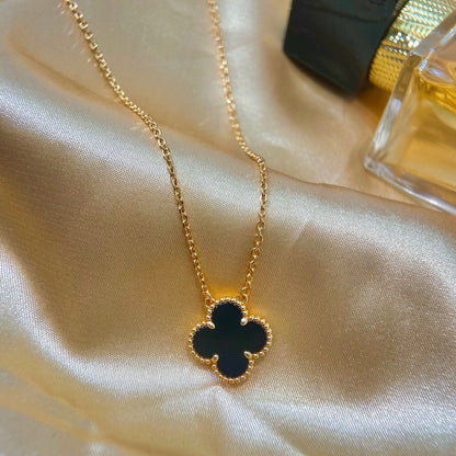 [Panda Jewelry]CLOVER 15MM BLACK ONYX SINGLE FLOWER NECKLACE