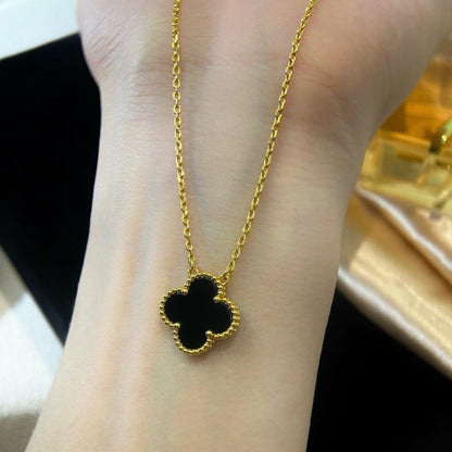 [Panda Jewelry]CLOVER 15MM BLACK ONYX SINGLE FLOWER NECKLACE