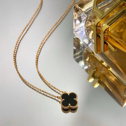 [Panda Jewelry]CLOVER 15MM BLACK ONYX SINGLE FLOWER NECKLACE