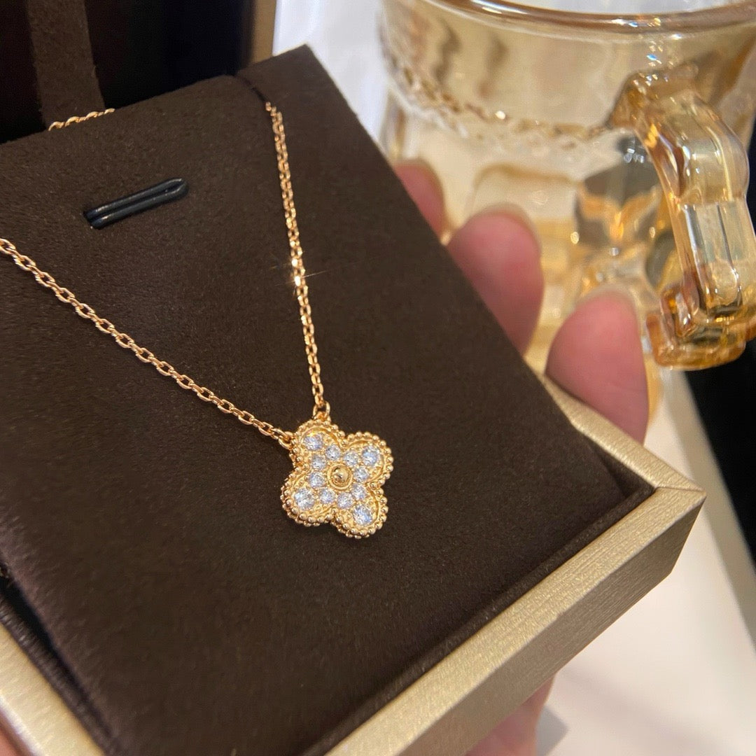 [Panda Jewelry]CLOVER 15MM DIAMOND SINGLE FLOWER NECKLACE