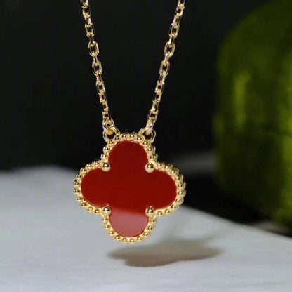 [Panda Jewelry]CLOVER 15MM CARNELIAN SINGLE FLOWER NECKLACE