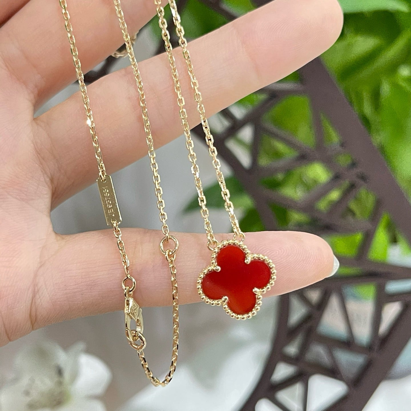 [Panda Jewelry]CLOVER 15MM CARNELIAN SINGLE FLOWER NECKLACE