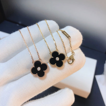 [Panda Jewelry]CLOVER 15MM DIAMOND ONYX NECKLACE