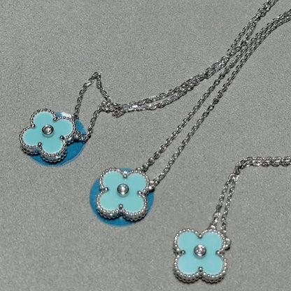 [Panda Jewelry]CLOVER 1 DIAMOND LIGHT BLUE SILVER NECKLACE