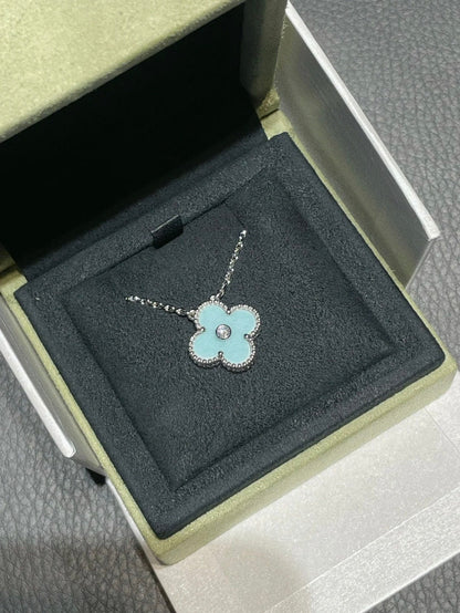 [Panda Jewelry]CLOVER 1 DIAMOND LIGHT BLUE SILVER NECKLACE