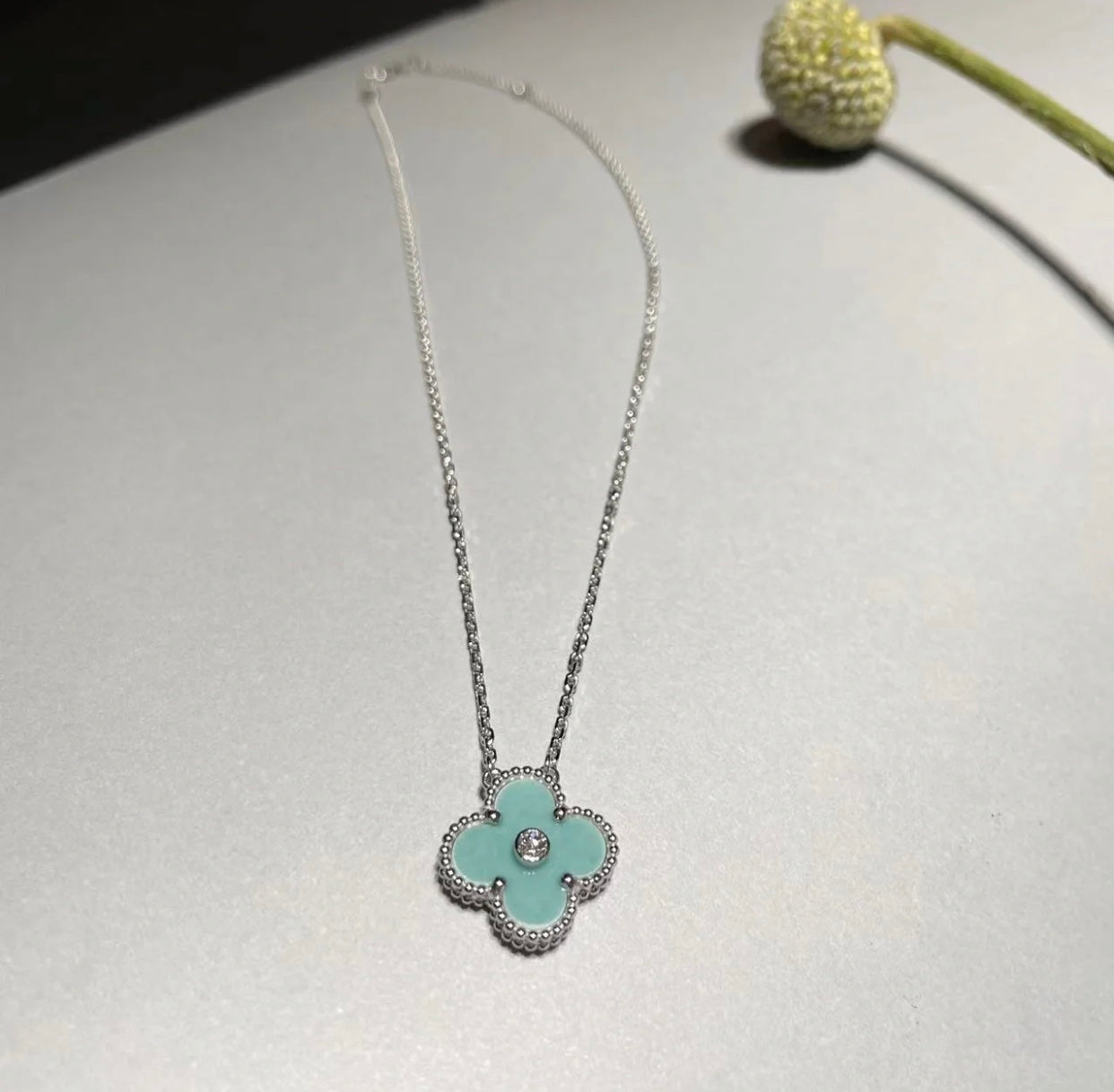 [Panda Jewelry]CLOVER 1 DIAMOND LIGHT BLUE SILVER NECKLACE