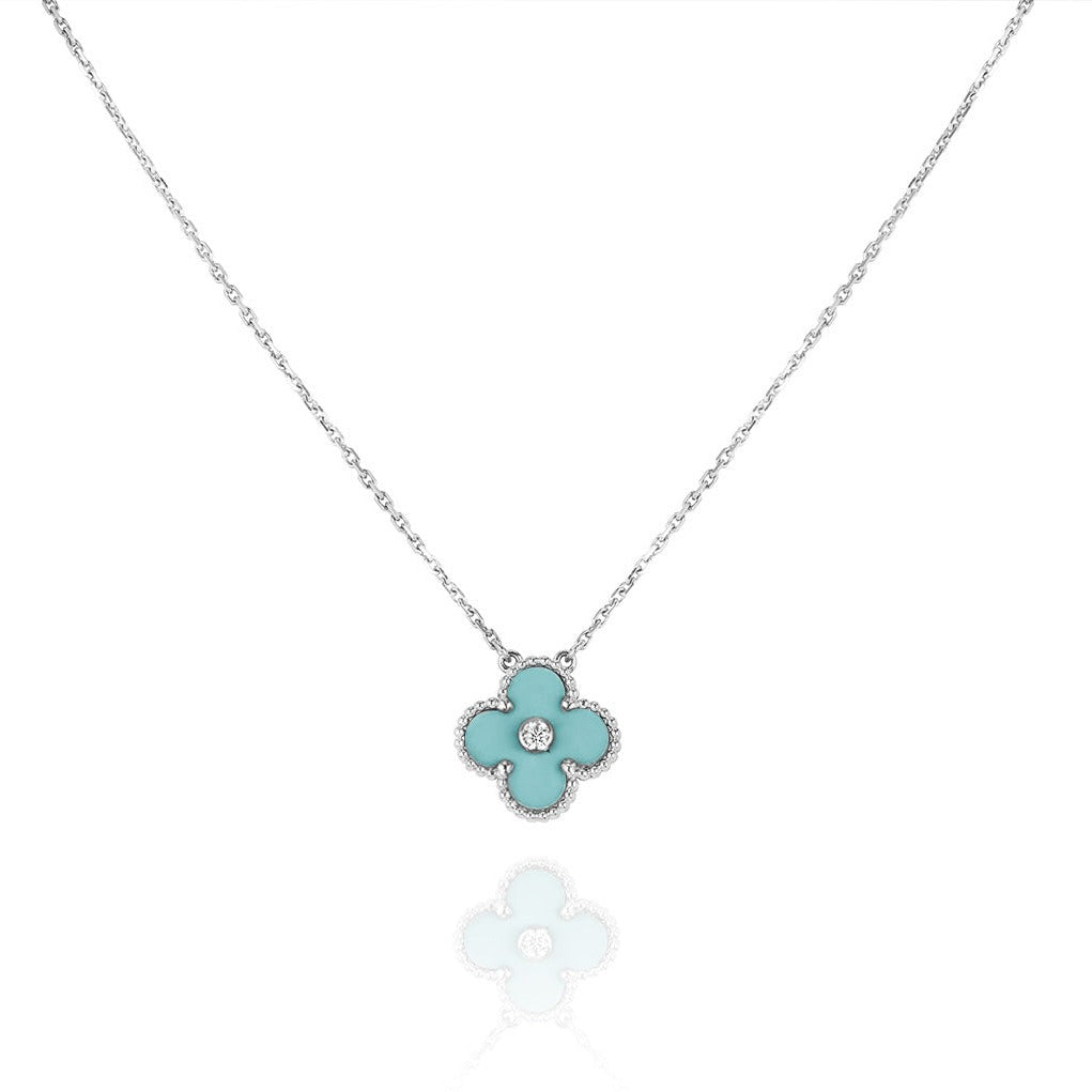 [Panda Jewelry]CLOVER 1 DIAMOND LIGHT BLUE SILVER NECKLACE