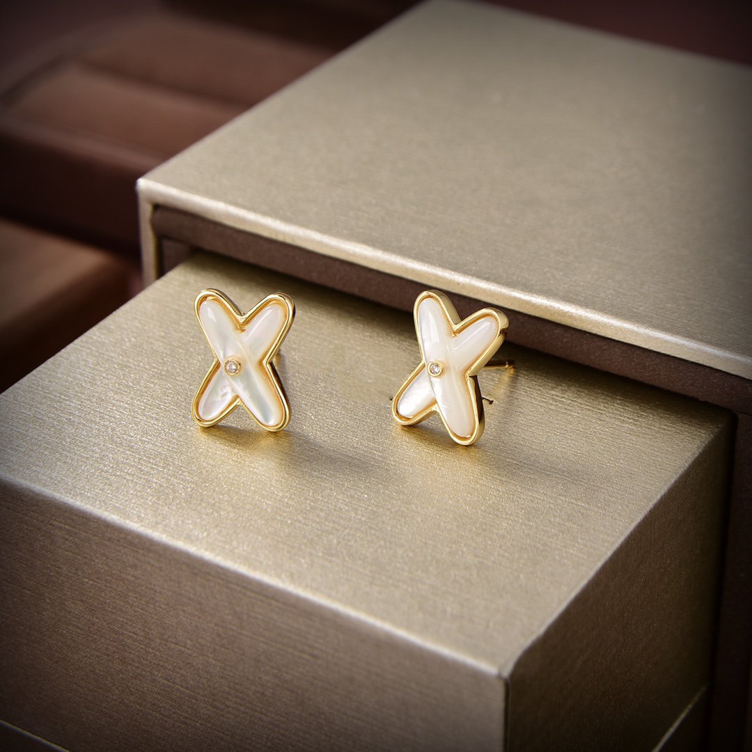 [Panda Jewelry]JEUX DE WHITE MOP GOLD DIAMOND EARRINGS