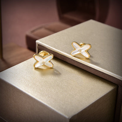 [Panda Jewelry]JEUX DE WHITE MOP GOLD DIAMOND EARRINGS