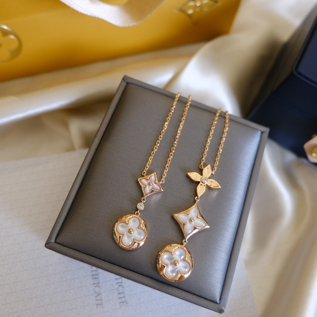 [Panda Jewelry]COLOR BLOSSOM LARIAT NECKLACE PINK GOLD WHITE MOTHER PEARL AND DIAMOND