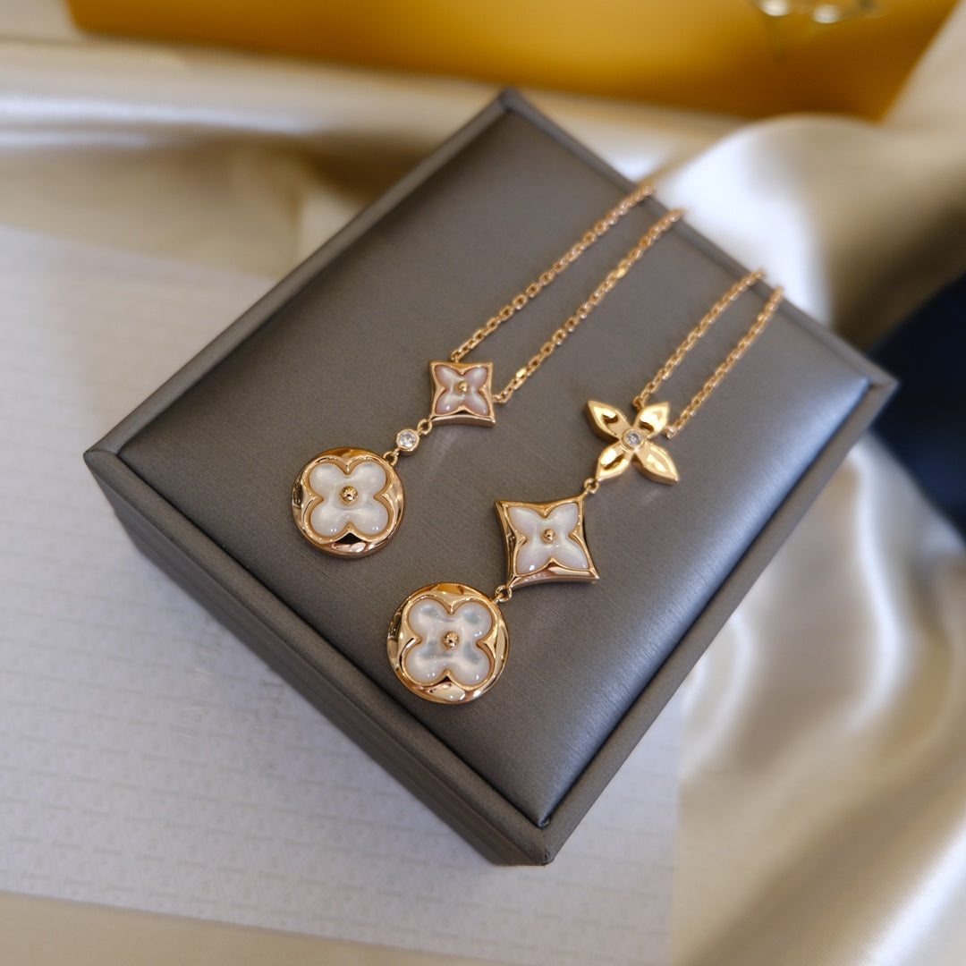 [Panda Jewelry]COLOR BLOSSOM LARIAT NECKLACE PINK GOLD WHITE MOTHER PEARL AND DIAMOND