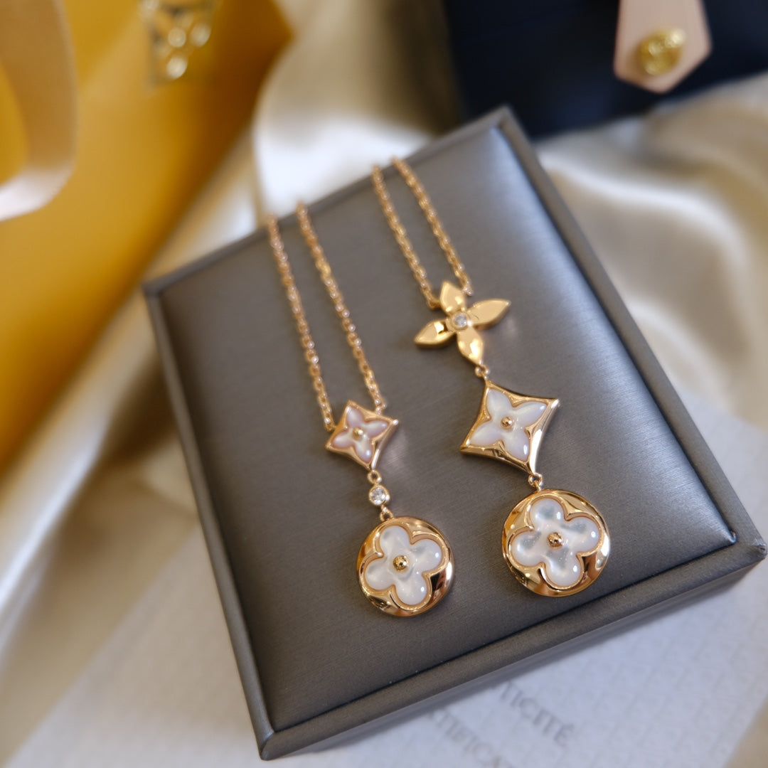 [Panda Jewelry]COLOR BLOSSOM LARIAT NECKLACE PINK GOLD WHITE MOTHER PEARL AND DIAMOND