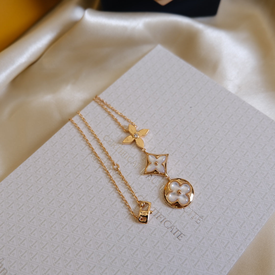 [Panda Jewelry]COLOR BLOSSOM LARIAT NECKLACE PINK GOLD WHITE MOTHER PEARL AND DIAMOND