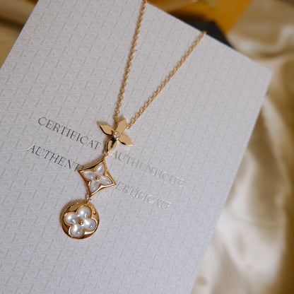 [Panda Jewelry]COLOR BLOSSOM LARIAT NECKLACE PINK GOLD WHITE MOTHER PEARL AND DIAMOND