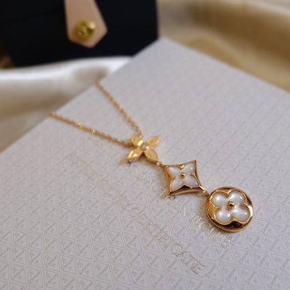 [Panda Jewelry]COLOR BLOSSOM LARIAT NECKLACE PINK GOLD WHITE MOTHER PEARL AND DIAMOND