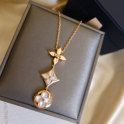 [Panda Jewelry]COLOR BLOSSOM LARIAT NECKLACE PINK GOLD WHITE MOTHER PEARL AND DIAMOND