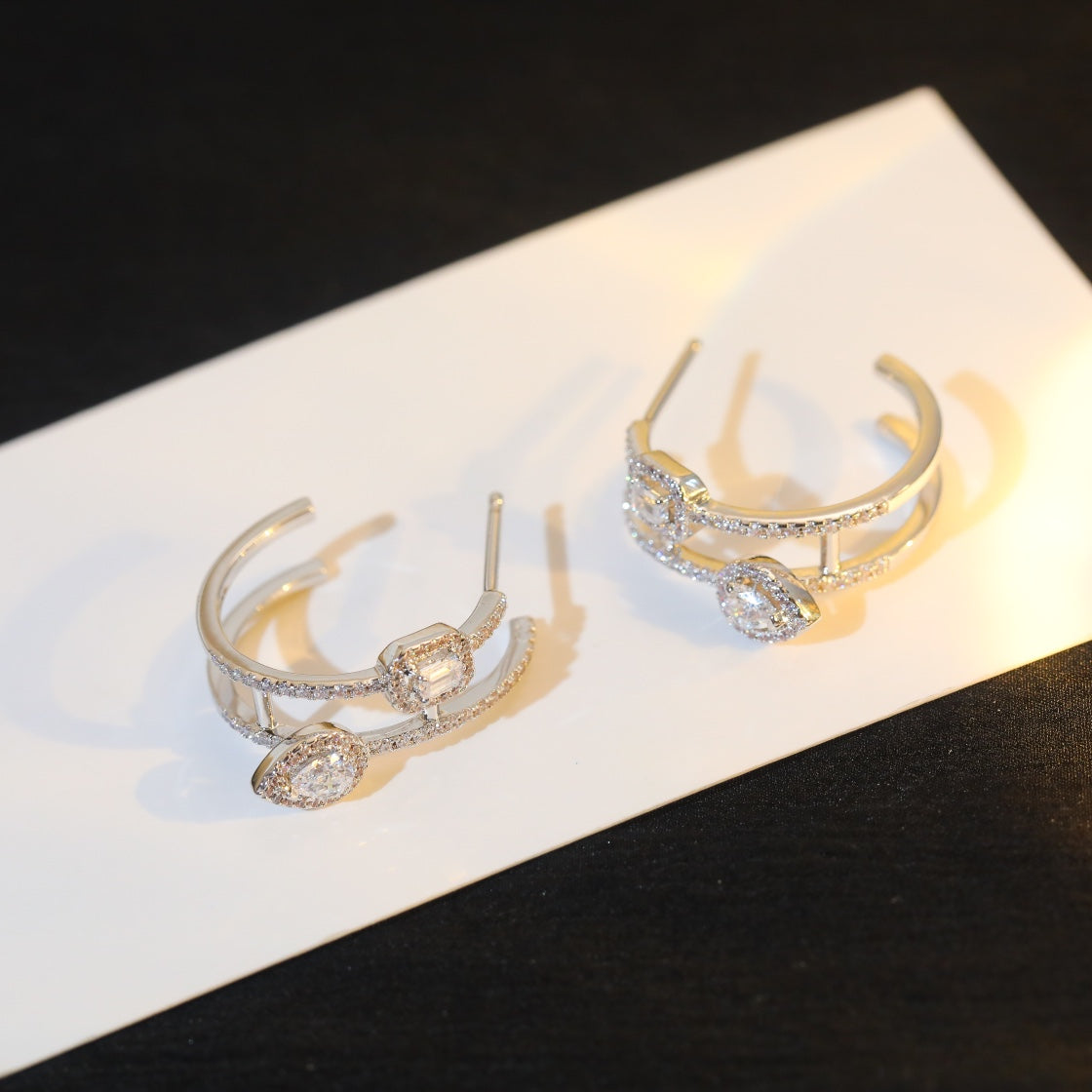 [Panda Jewelry]CREOLES MY TWIN 2 RANGS SILVER DIAMOND EARRINGS