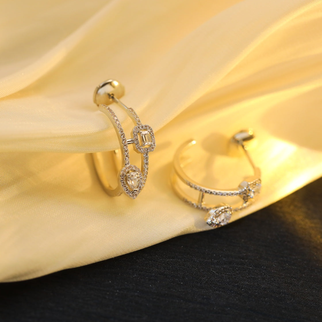 [Panda Jewelry]CREOLES MY TWIN 2 RANGS SILVER DIAMOND EARRINGS