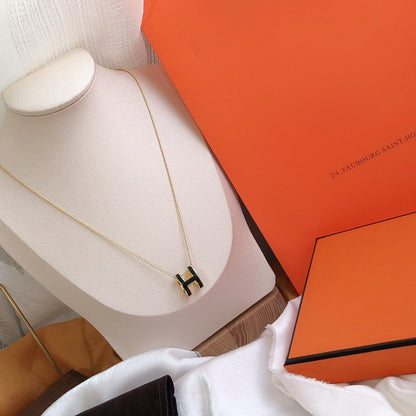[Panda Jewelry]HM CLIC BLACK ENAMEL GOLD NECKLACE